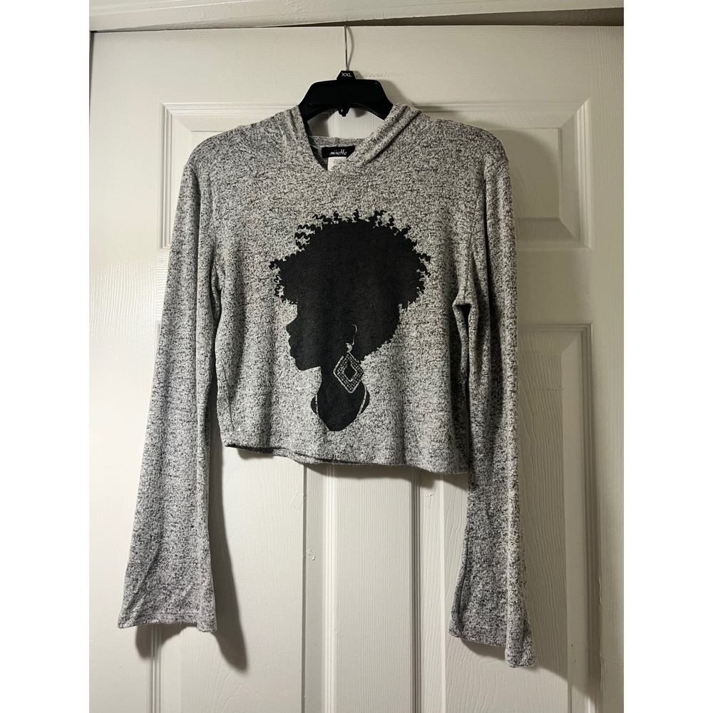 Minette Womens Gray Marled Cropped Hoodie Afro Silhouette Graphic MS28115 Size M